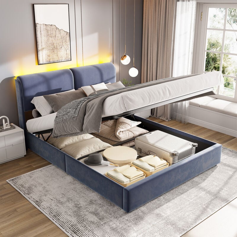 Lit coffre 160x200 cm, avec éclairage led, coffre hydraulique, velours, sommier à lattes, style minimaliste, convient aux adultes et adolescents