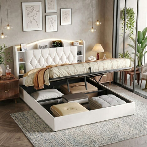 Lit Coffre 140x200 cm avec Éclairage LED et Prise USB, lit Double Hydraulique avec Étagères Ouvertes et Rangement Caché, Cadre de lit 2 Personnes avec Sommier à Lattes, sans Matelas, Velours, Beige