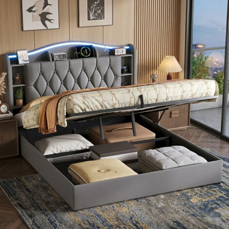 Lit Coffre 140x200 cm avec Éclairage LED et Prise USB, lit Double Hydraulique avec Étagères Ouvertes et Rangement Caché, Cadre de lit 2 Personnes avec Sommier à Lattes, sans Matelas, Velours, Gris