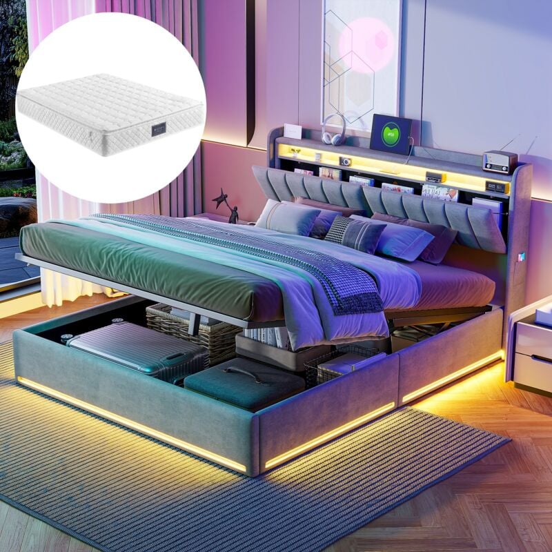 Lit coffre 160x200 cm, avec éclairage led, fonction de charge usb, velours, tête de lit avec rangement, coffre hydraulique, sommier à lattes - Gris