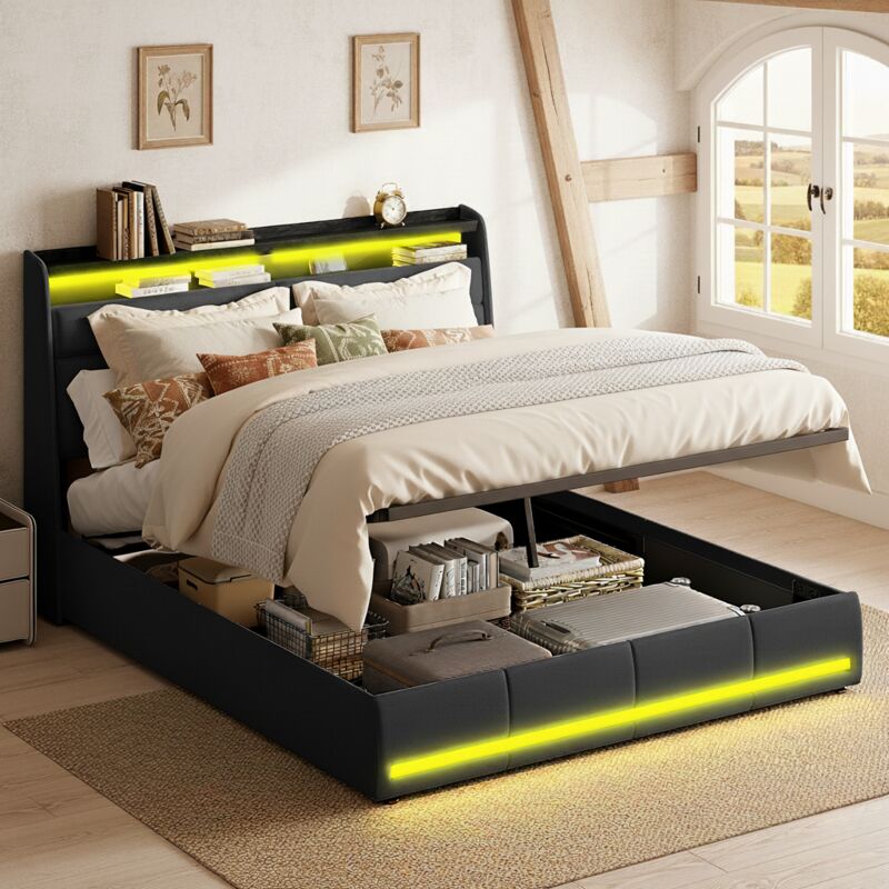 Lit coffre 140x200 cm, avec éclairage LED intégré et port de charge USB, lit double avec espace de rangement, sommier à lattes, moderne, Noir
