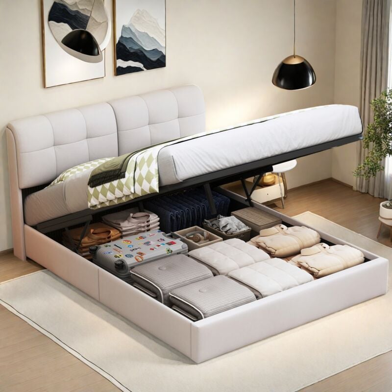 Lit coffre 140x200 cm, avec éclairage led orientable, dossier cube en flanelle, espace de rangement hydraulique, sommier à lattes, convient aux