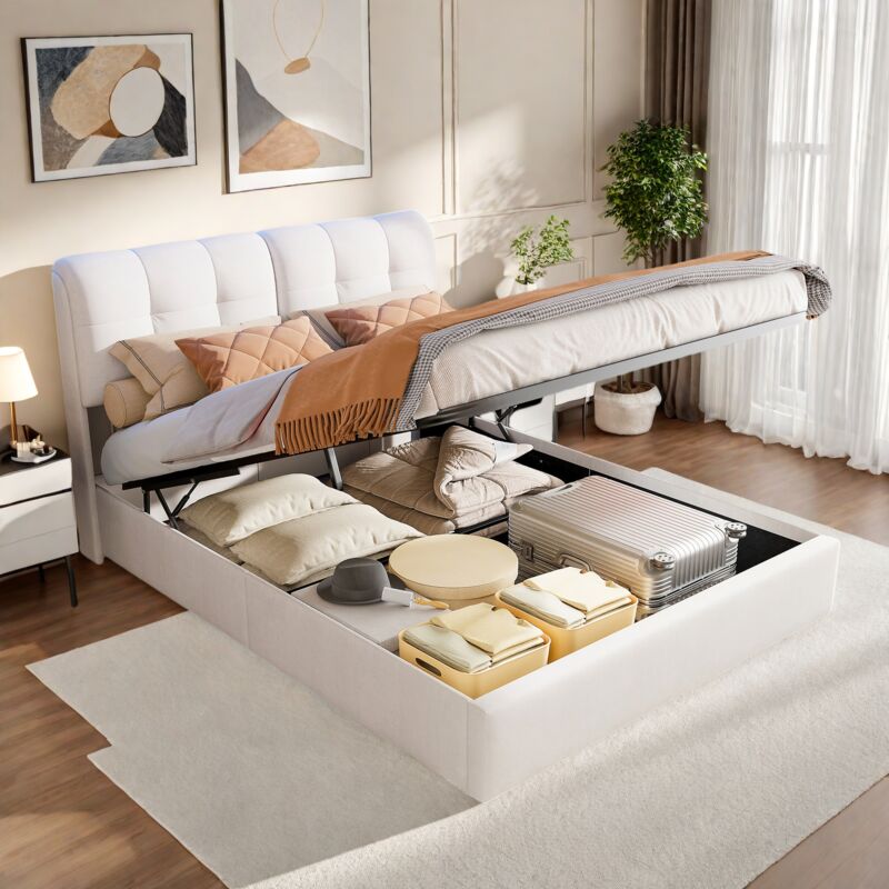 Lit coffre 160x200 cm, avec éclairage led orientable, dossier cube en flanelle, espace de rangement hydraulique, sommier à lattes, convient aux