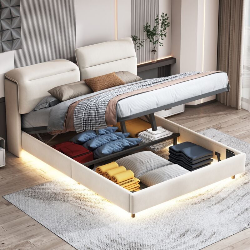 Lit coffre 140x200 cm, avec éclairage led, tête de lit réglable en angle, hydraulique de rangement, sommier à lattes, lit capitonné en Velours - Beige