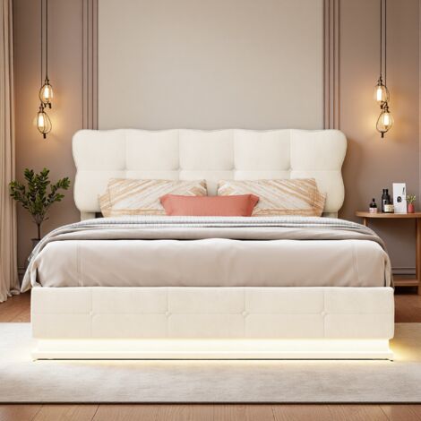 Lit coffre 140x200 cm, avec LED, matelas gonflable avec rangement, lit double, cadre de lit rembourré, velours, beige (livraison locale)