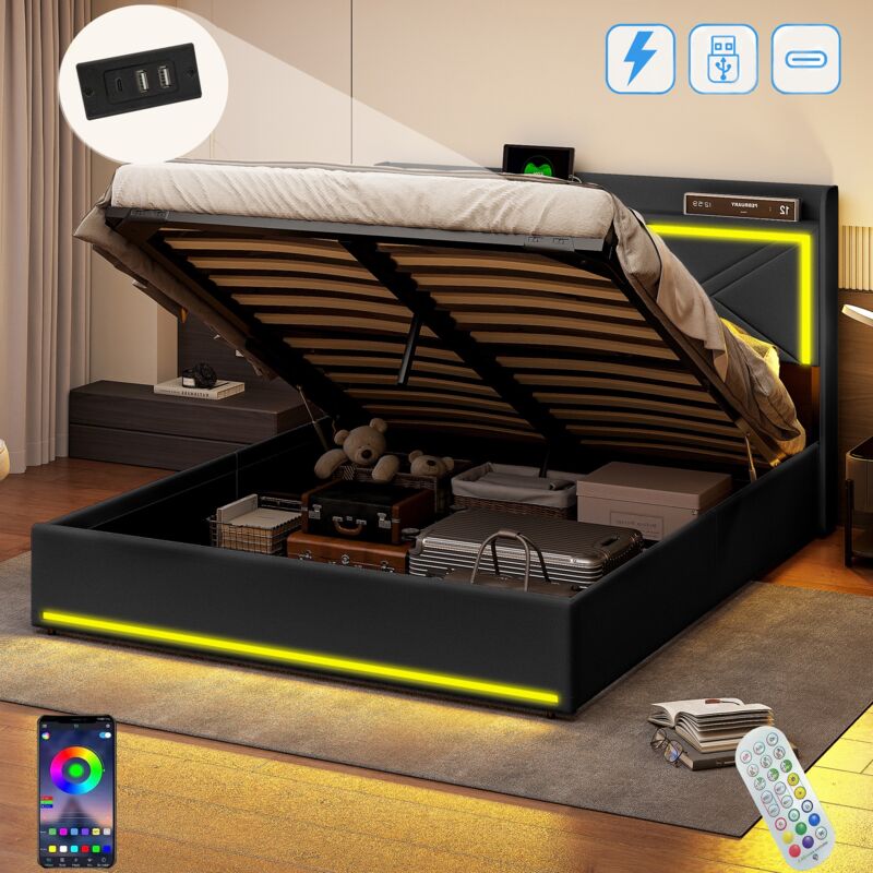 Lit coffre 140x200 cm, avec led, Tête de lit en protège-ailes et usb charge, hydraulique de rangement, sommier à lattes, lit capitonné en similicuir