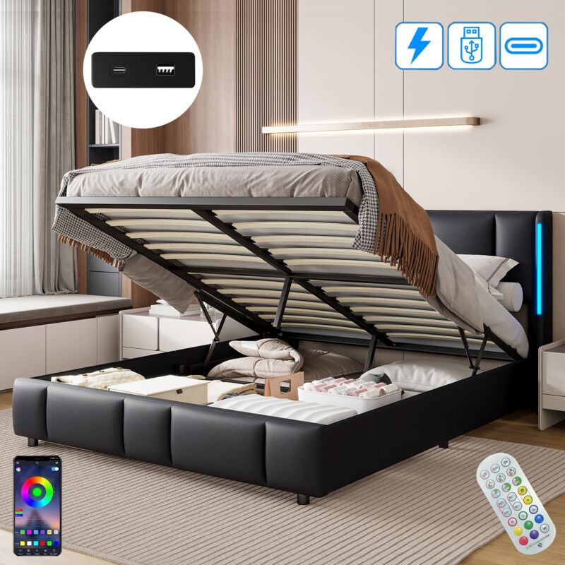 Lit coffre 140x200 cm, avec led, usb type c, rangement, moderne, sommier à lattes en bois, cadre en métal, lit capitonné en Similicuir - Noir