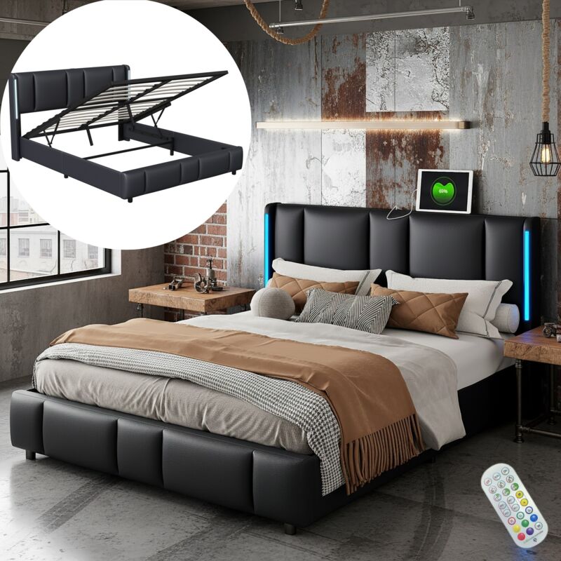 Lit coffre 160x200 cm, avec LED, USB type C, rangement, moderne, sommier à lattes en bois, cadre en métal, lit capitonné en Similicuir - Noir