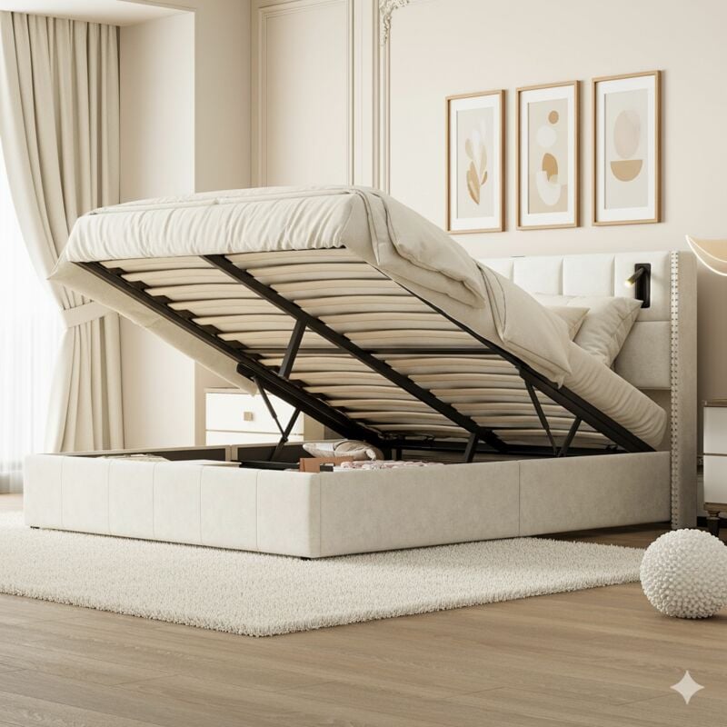 Lit coffre 160x200 cm, avec liseuse, 2 connexions usb et 1 type c, rangement hydraulique, velours, sommier à lattes, adapté aux adolescents et