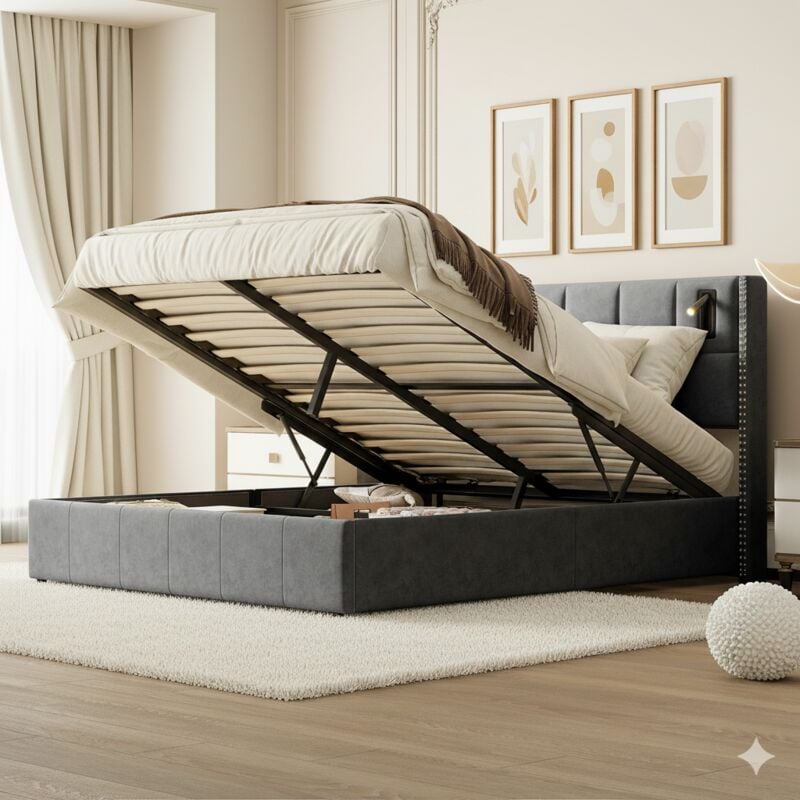 Lit coffre 160x200 cm, avec liseuse, 2 connexions usb et 1 type c, rangement hydraulique, velours, sommier à lattes, adapté aux adolescents et