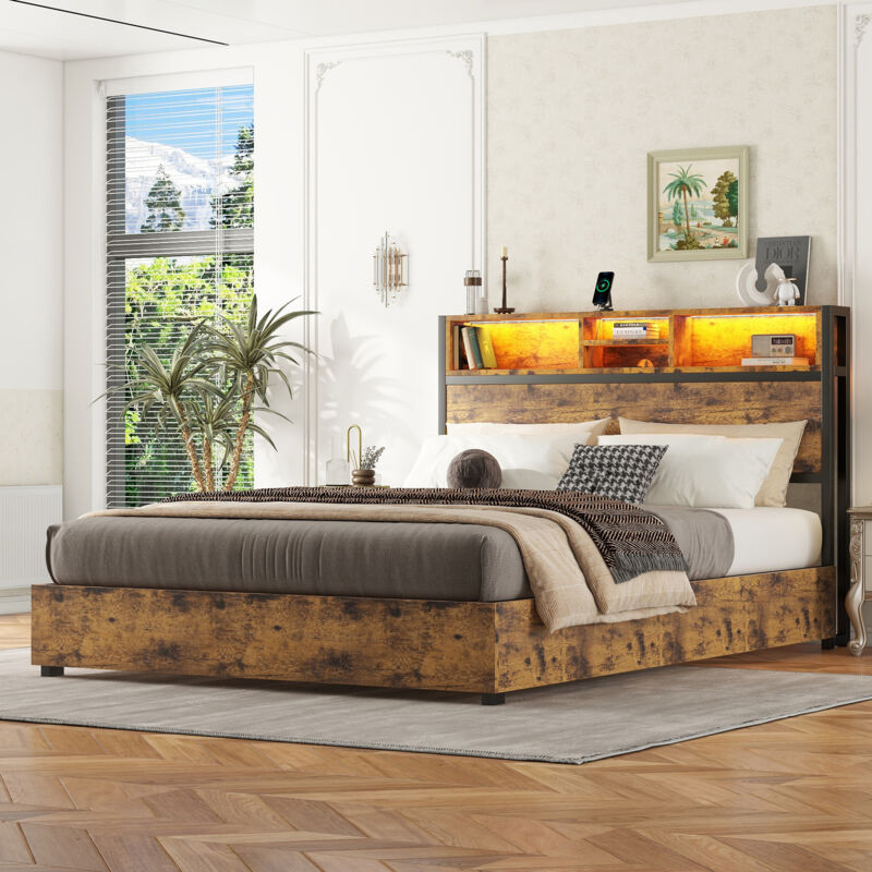 Modernluxe - Lit coffre 140x200 cm - avec lumière led coloré et prise de charge - Marron