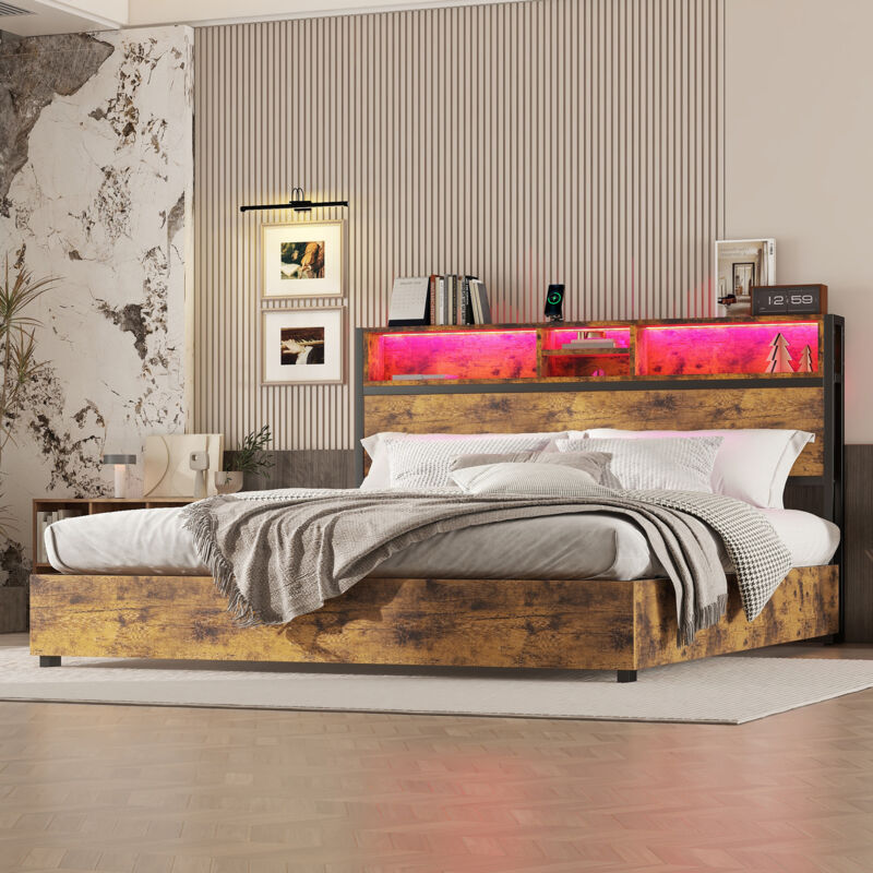 Modernluxe - Lit coffre 180x200 cm - avec lumière led coloré et prise de charge - Marron