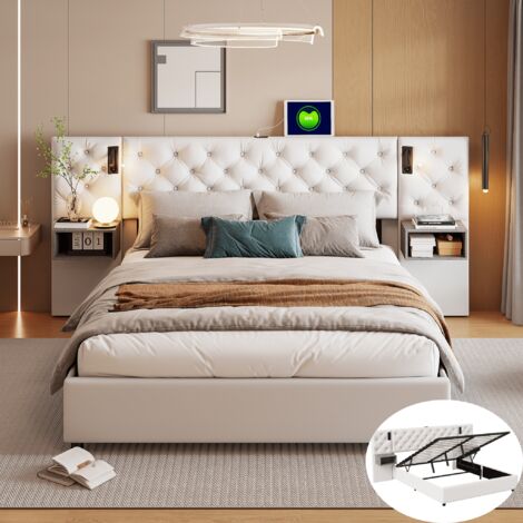 Lit coffre 140x200 cm avec rangement, Cadre de lit 140x200 avec sommier LED et USB, 2 tables de chevet intégrée, Lit double avec tête de lit capitonné, Velours, Beige