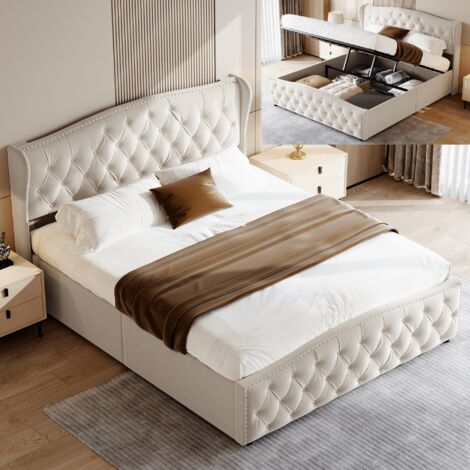 Lit coffre 140x200 cm avec rangement hydraulique, Cadre de lit 140x200 avec sommier et tête de lit design rivet, Velours, Beige