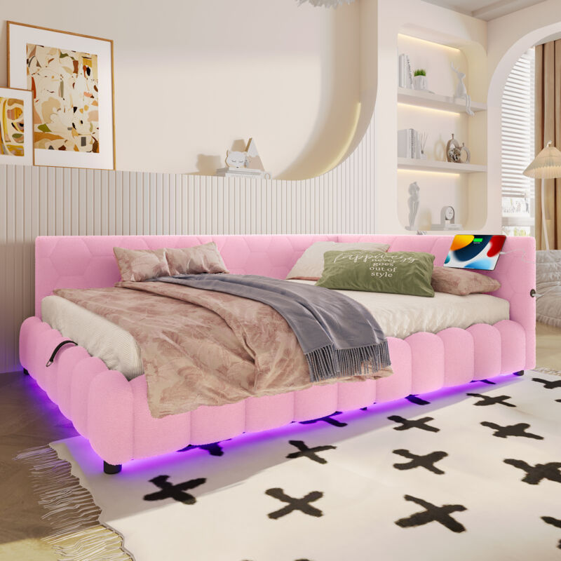 Lit coffre 140x200 cm avec rangement hydraulique, LED multicolore, USB Type-C, imitation velours, rose(Sans matelas)