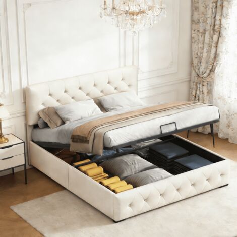 Lit coffre 140x200 cm avec rangement, lit 140x200 avec sommier, tête de lit capitonné, tissu velours, style moderne, beige