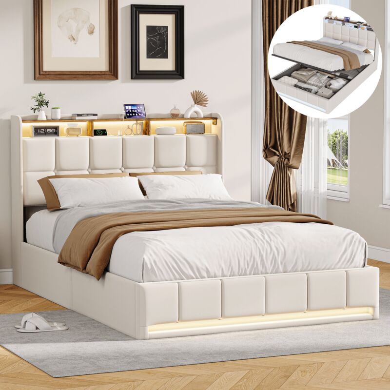 Lit coffre 140x200 cm avec rangement, Tête de lit capitonné avec éclairage LED et ports USB, Sommier à lattes, Tissu en lin, Beige