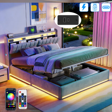 Lit coffre 140x200 cm avec sommier à lattes,  Lit adulte avec LED et USB Tpye C, Lit fonctionnel avec rangement hydraulique et tete de lit réversible, Tissu velours, Gris