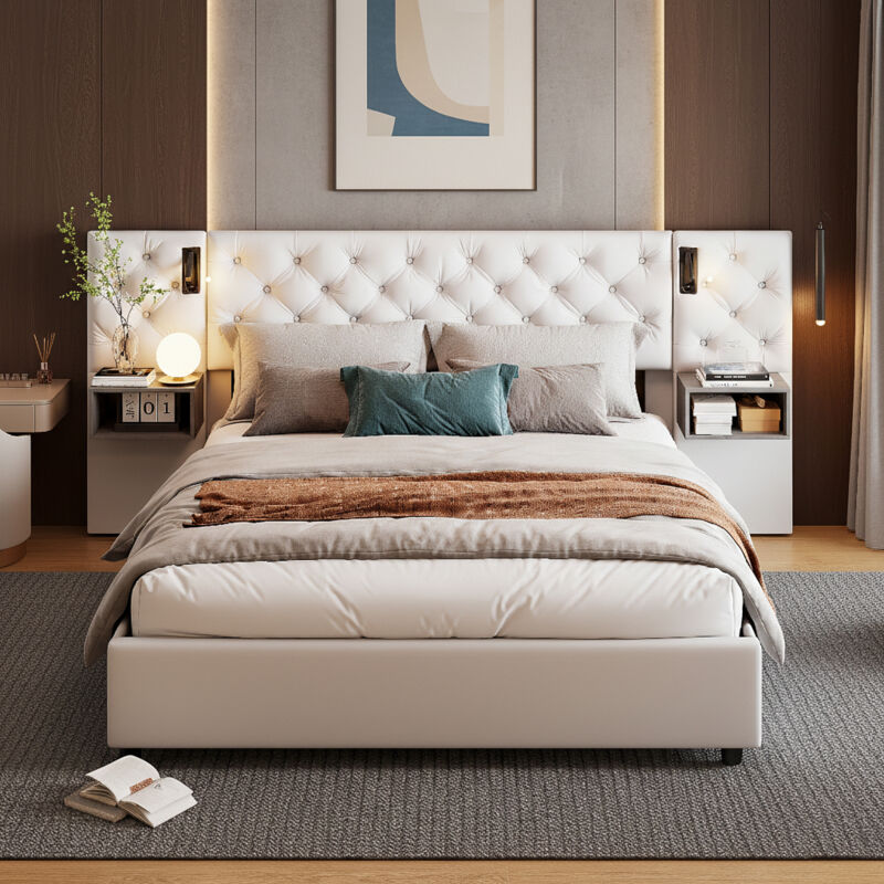 Lit coffre 140x200 cm avec sommier à lattes, tête de lit capitonnée en velours, éclairage LED intégré, 2 tables de chevet suspendues, beige