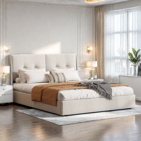 Lit Coffre 140x200 cm avec sommier LED, Lit double 140x200 avec rangement et tête de lit rembourré, Velours, Beige