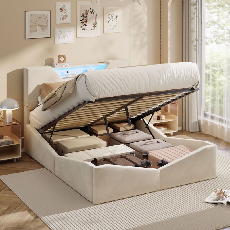 Lit coffre 140x190 cm avec tête de lit triangulaire, 3 étagères de rangement, LED et port USB, lit adulte 140x190 en velours beige, sommier à lattes