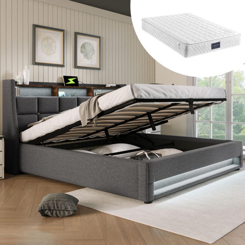 Lit coffre 140x200 cm avec usb et led, lit adulte double capitonné, Bois+Métal+Lin, matelas Inclus, gris