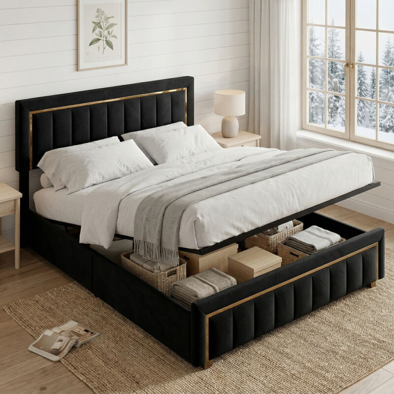 Fortuna Lai – Lit coffre 140x200 cm en velours noir – Tête de lit capitonnée dorée – Rangement hydraulique – Sommier à lattes inclus – Design Art Déco