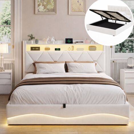 Lit coffre 140x200 cm, capitonné velours beige, sommier à lattes inclus, tête de lit LED & USB, capacité de charge 300 kg, design moderne