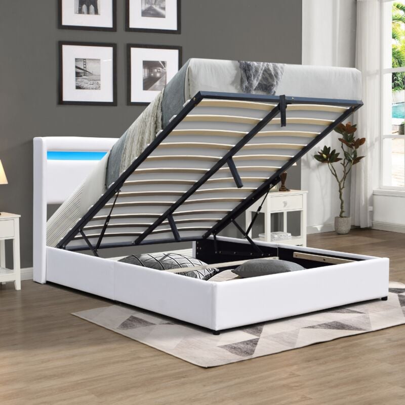 Lit coffre 140x200 cm déhoussable blanc avec tête de lit led - 14 lattes - montage rapide et facile - revêtement pvc simili facile d'entretien