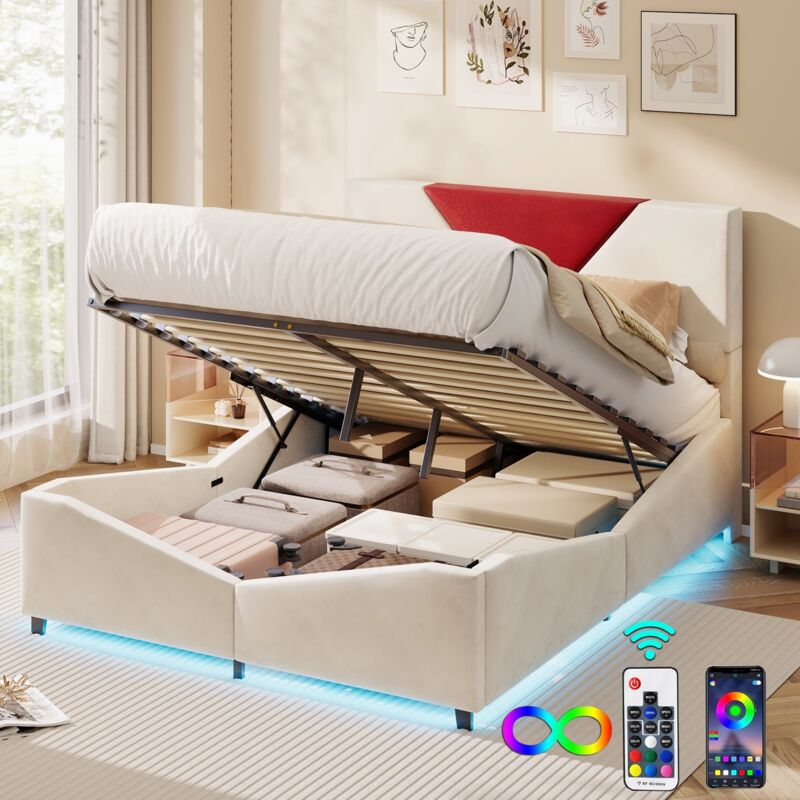 Lit coffre 160x200 cm, design triangle bicolore bordeaux, éclairage LED ajustable, tissu velours, style moderne et épuré, lit 160x200 avec rangement