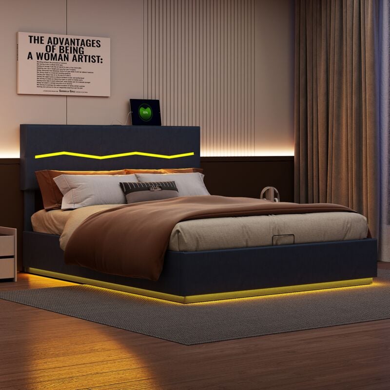 Lit coffre 160x200 cm éclairage led, tête de lit relevable, structure en métal, sommier à lattes, cuir pu, lit double capitonné - Noir