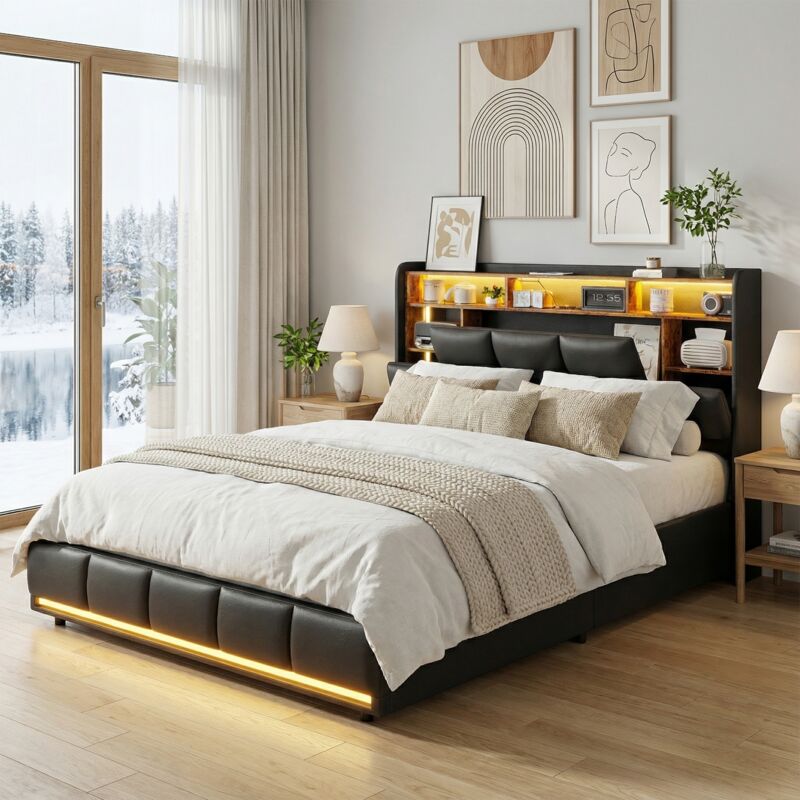 Lit coffre 160x200 avec sommier, station de charge USB/EU et rangement hydraulique, lit double, lit adulte, style scandinave(160x200cm, Noir)