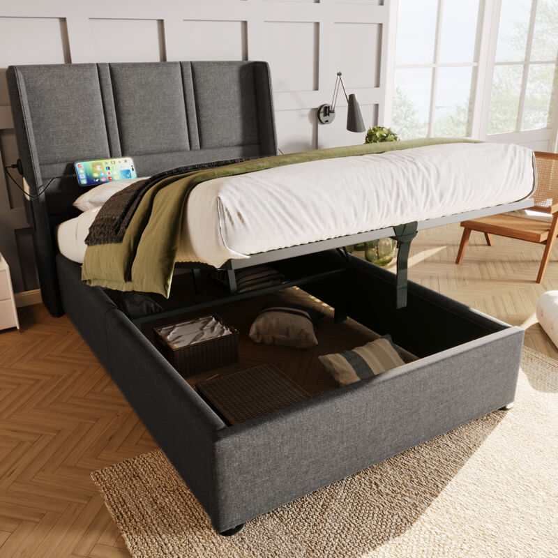 Modernluxe - Lit coffre 90x200 cm en tissu lin - avec Ports de charge et 2 poches latérale - Gris