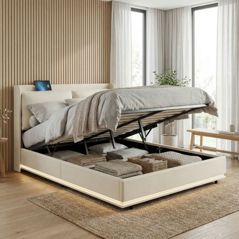 Lit coffre 140x200, lit double avec éclairage LED et station de charge, lit adulte en velours, style élégant, Beige