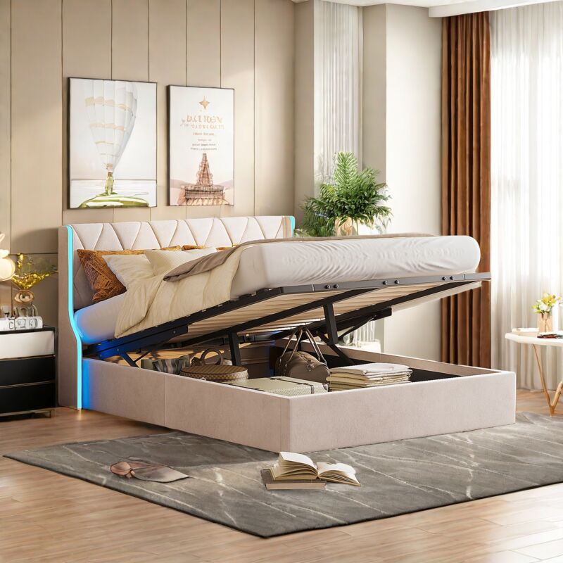 Sureh - Lit coffre 140x200 cm,lit 2 Personnes led avec rangement,cadre de lit avec sommier à lattes,lit capitonné 140x200,velours,lit adulte,beige
