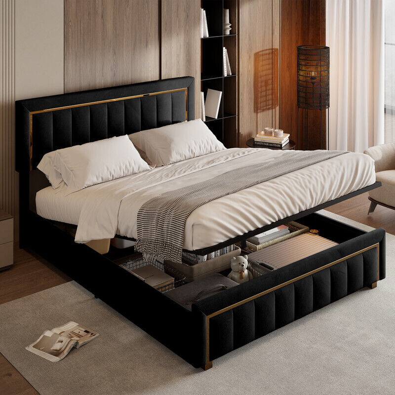 Lit double en velours, lit coffre, 160 x 200 cm, rayures verticales, passepoil doré, lit pour adulte et adolescent, sommier à lattes, matelas non