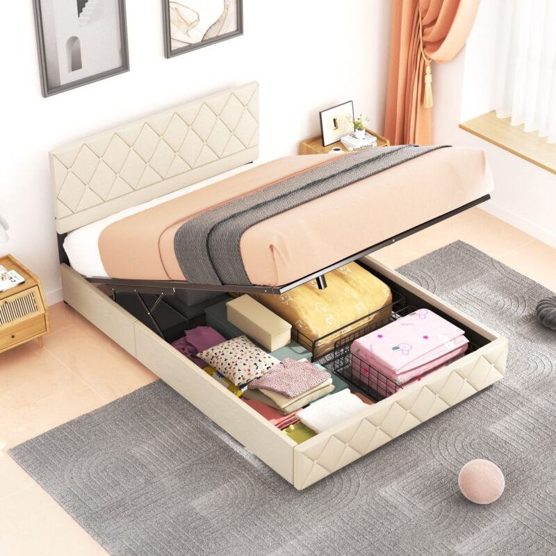 Lit coffre 140x190 cm, lit adulte, lit capitonné avec tête de lit de décoration couture bouton et sommier à lattes, beige, sans matelas