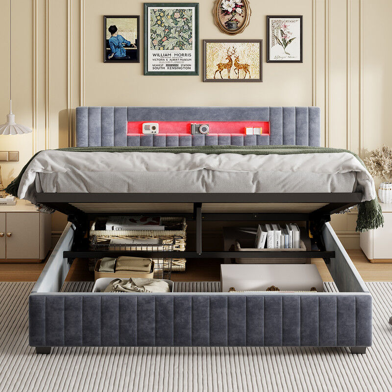 Lit coffre 160x200 cm, Lit avec éclairages LED, hydraulique de rangement, télécommande, sommier à lattes, lit double capitonné en Velours, Gris