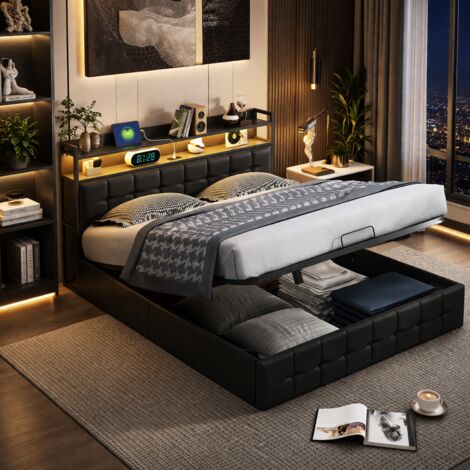 Lit coffre 140x200 cm, lit double avec coffre de rangement hydraulique et sommier à lattes en bois, lit fonctionnel avec éclairage LED et fonction de charge USB, cadre de lit avec tête de lit coffre, 