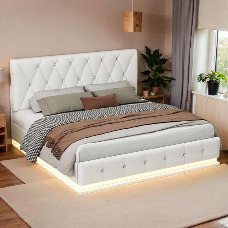 Lit coffre 140x200 cm,lit double avec rangement,éclairage LED,sommier à lattes,lit adulte,sommier à levier hydraulique,blanc