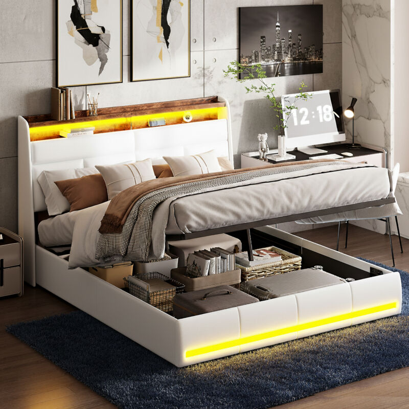 Lit coffre 140x200 cm, lit double avec rangement, lit 140 x 200 cm avec sommier LED, lit capitonné cadre de lits avec à lattes, PU, sans matelas,
