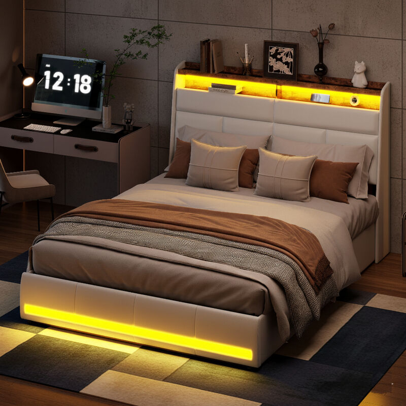 Lit coffre 160x200 cm, lit double avec rangement, lit 160 x 200 cm avec sommier LED, lit capitonné cadre de lits avec à lattes, PU, sans matelas,