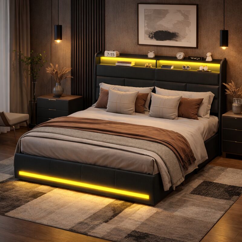 Lit coffre 160x200 cm, lit double avec rangement, lit 160 x 200 cm avec sommier LED, lit capitonné cadre de lits avec à lattes, PU, sans matelas, noir