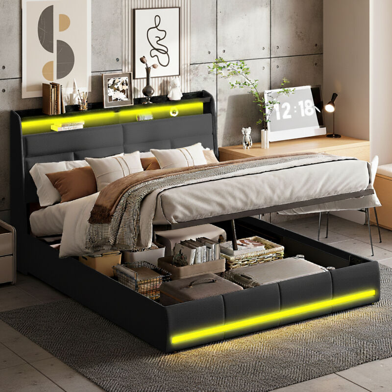 Lit coffre 140x200 cm, lit double avec rangement, lit 140 x 200 cm avec sommier LED, lit capitonné cadre de lits avec à lattes, PU, sans matelas, noir