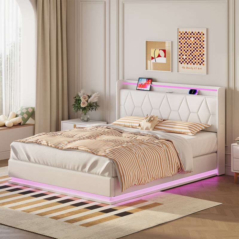 Lit Coffre 140x200 cm - Lit Double avec Tête de Lit Rembourrée et Lumières LED RGB - Cadre de Lit en Métal - Blanc