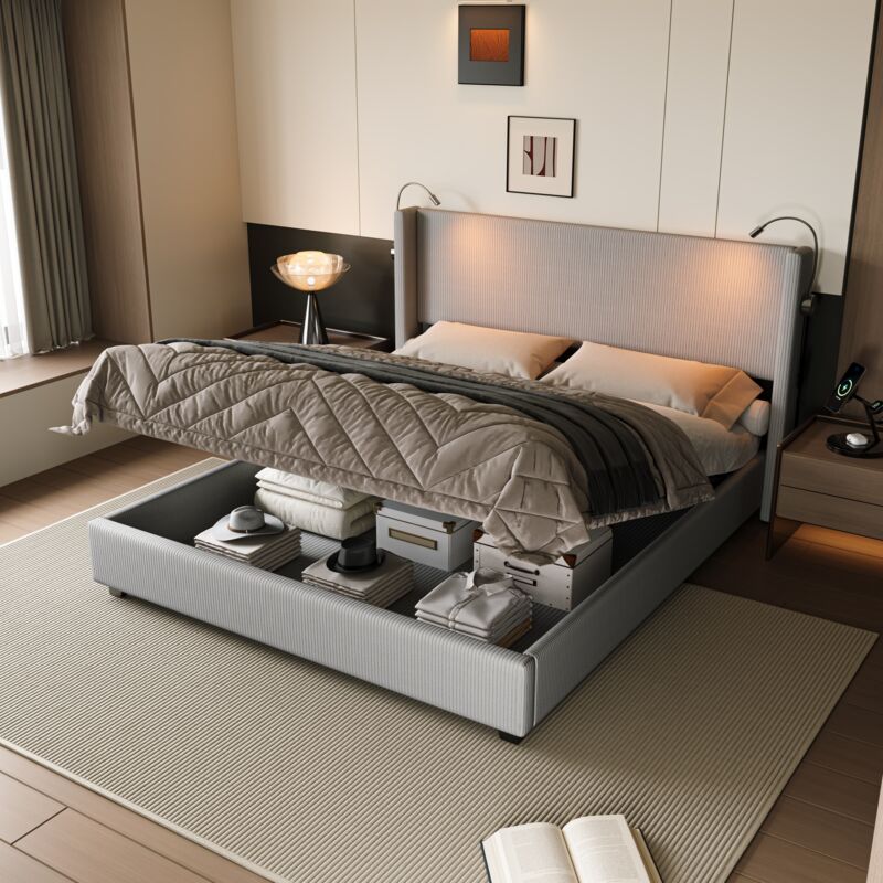 Lit coffre 140x200 cm, lit double capitonné avec 2 lampes de lecture et ports USB, lit adulte 140x200, sommier à lattes, velours côtelé, gris