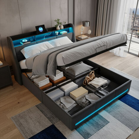 Lit coffre 140x200 cm, lit double capitonné avec éclairage LED et charge USB, rangement hydraulique, rangement et tete de lits, cadre de lits 2 personnes avec sommier, lin, gris