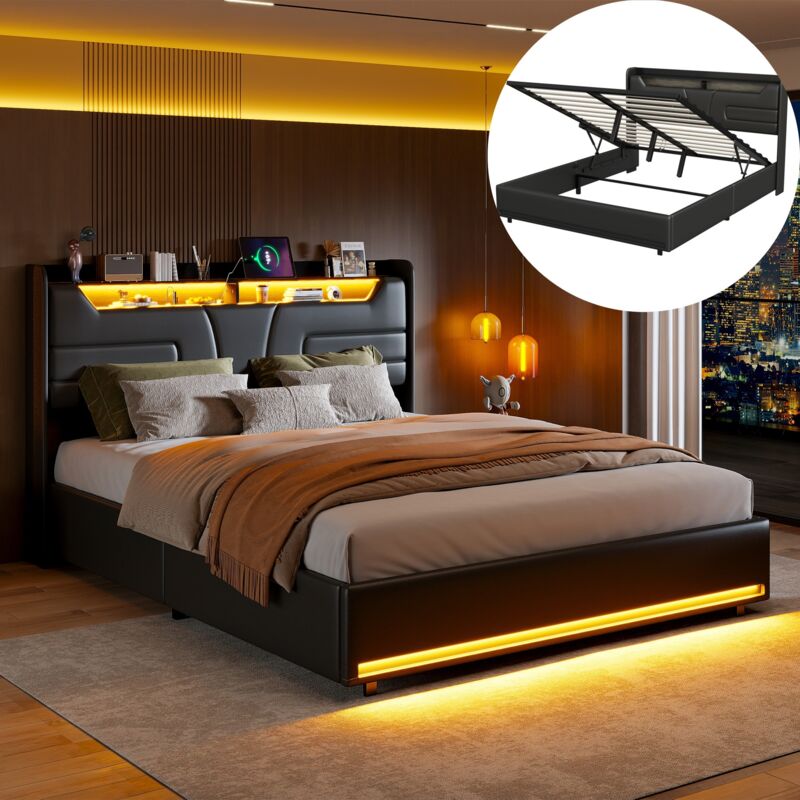 Dans Les Nuages – Lit coffre 160x200 cm – Similicuir noir avec rangement hydraulique – Sommier à lattes – Éclairage LED et port USB intégrés