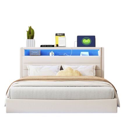 Lit coffre 140x200 cm Lit rembourré avec recharge USB + éclairage LED + tête de lit réversible - Pour Adulte et adolescent - Tissu lin- Beige