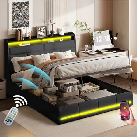 Lit coffre 140x200 cm - Lit rembourré avec vérins hydrauliques - Éclairage LED contrôlé par application - Cadre de lit en métal - PU Matériel - Noir
